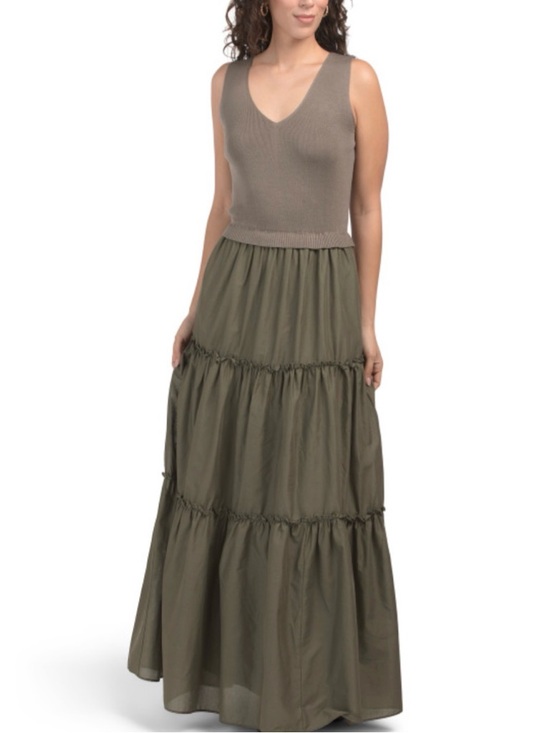 Taylor Dresses & Skirts - Taylor Olive Green Tiered Maxi Dress with Knit Bodice